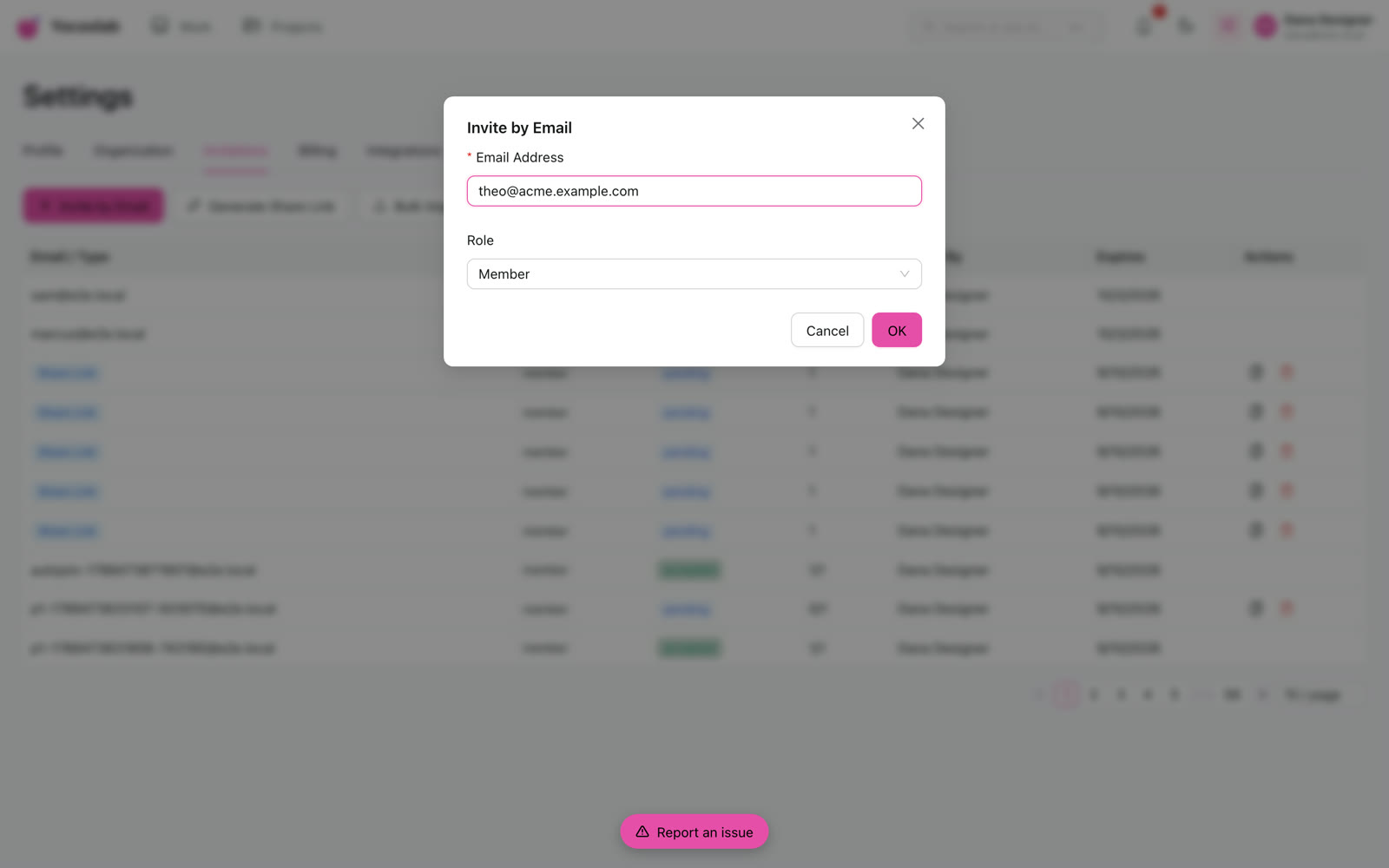 Invite by Email dialog in Settings, with a teammate address and role.